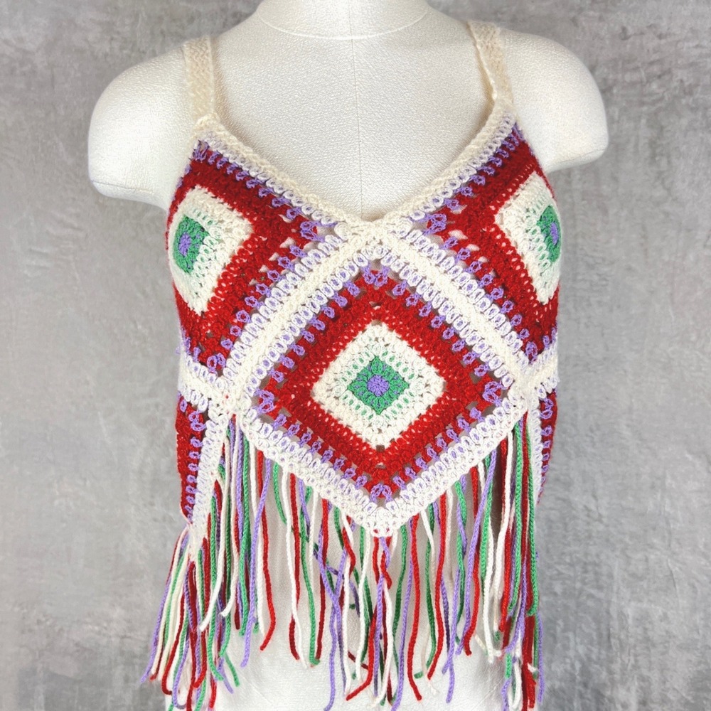 Womens Crochet Granny Square Fringe Crop Top Boho Festival Multicolor Sz M